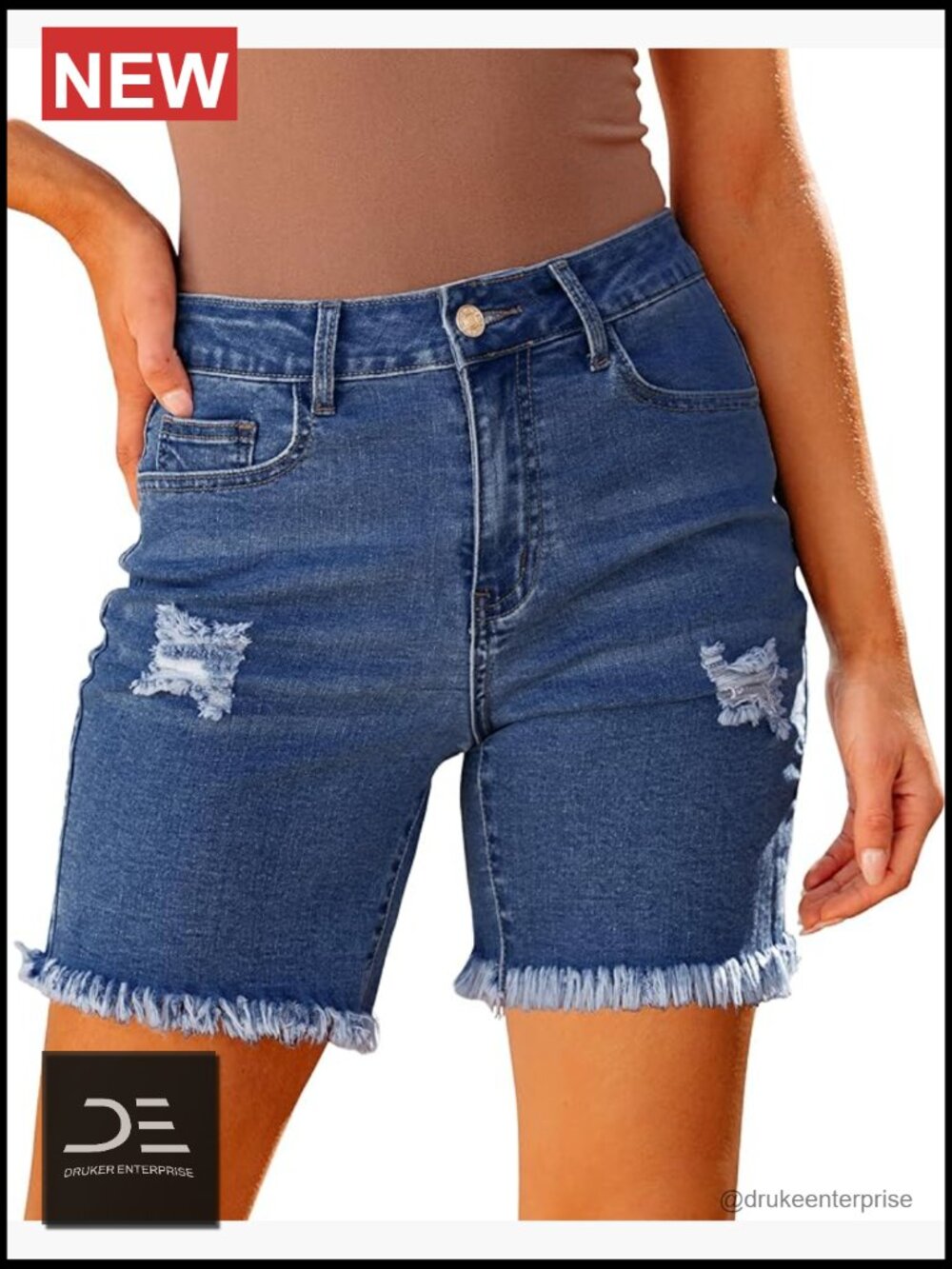 High Waisted Distressed Stretchy Denim Long Shorts with Raw Hem